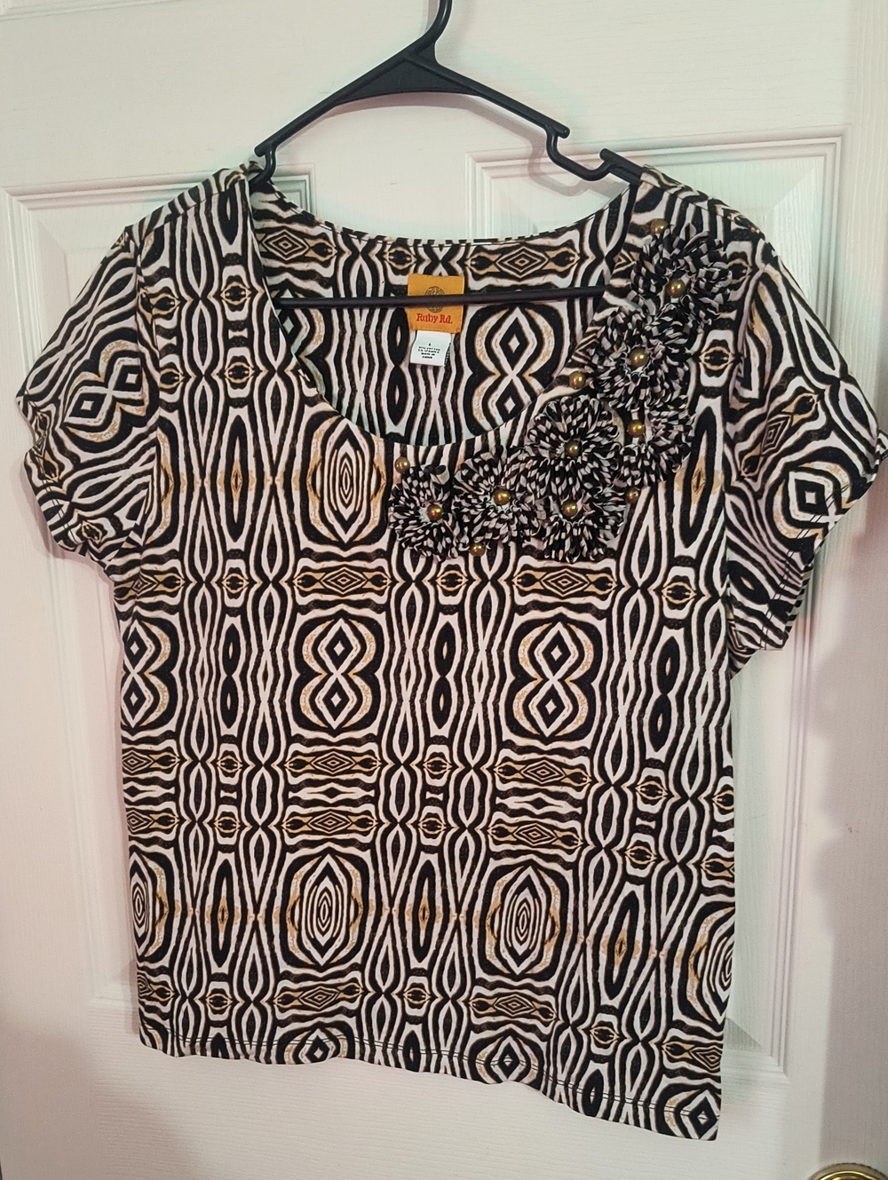 Ruby Rd. Black White and Gold Geometric Scoop Neck Top with Beaded Floral Accent